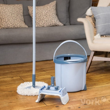 YORK Rotary MOP SPECIAL Floor Cleaning Set with Foot-Pedal Wringer, 12L Bucket, Telescopic Handle, 2 Microfiber Heads