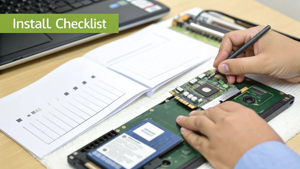 Hands are working on a circuit board and solid state drive, with an 'Install Checklist' visible.