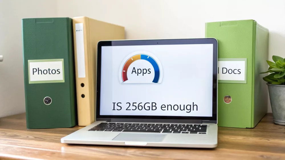 A laptop screen displays 'IS 256GB enough' for Apps, flanked by binders labeled 'Photos' and 'Docs'.