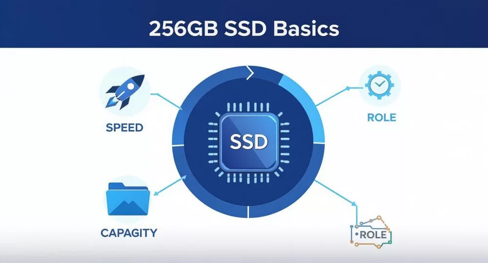 A diagram illustrating 256GB SSD basics, covering speed, capacity, and roles with icons.