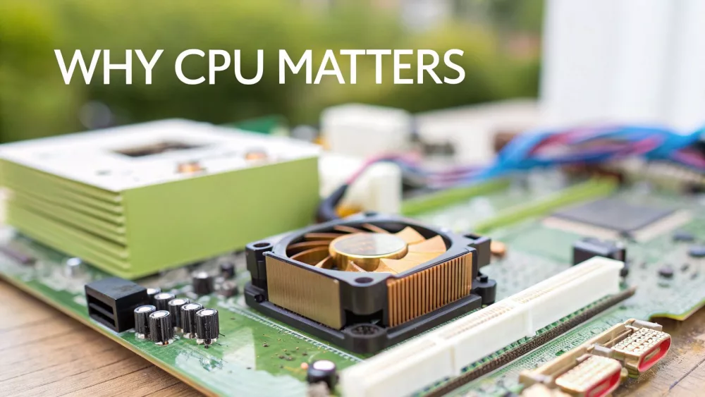 Computer motherboard with CPU cooling fan and green circuit boards illustrating why CPU matters for gaming
