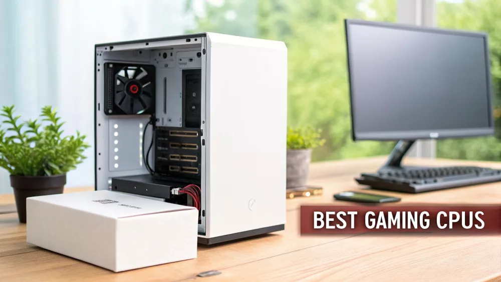 White gaming PC tower with transparent side panel displaying internal components and cooling fan on desk
