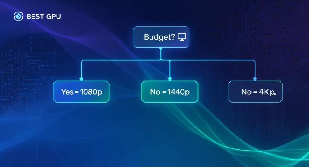 Flowchart diagram showing GPU selection based on gaming budget for 1080p, 1440p, and 4K resolutions