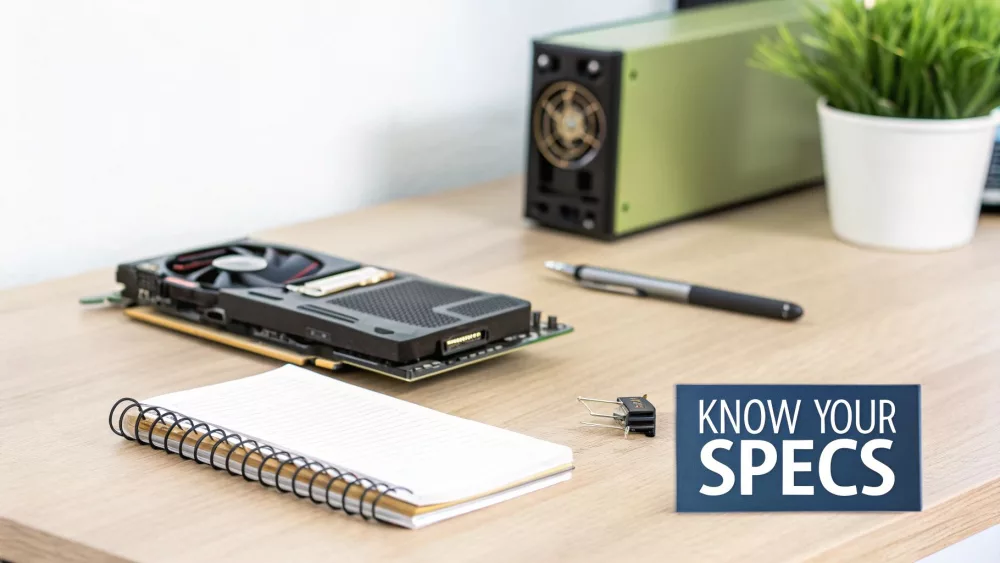 Graphics card GPU on wooden desk with notebook and computer components for gaming specifications