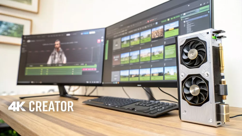 High-performance GPU graphics card displayed with dual monitors showing video editing software for 4K content creation