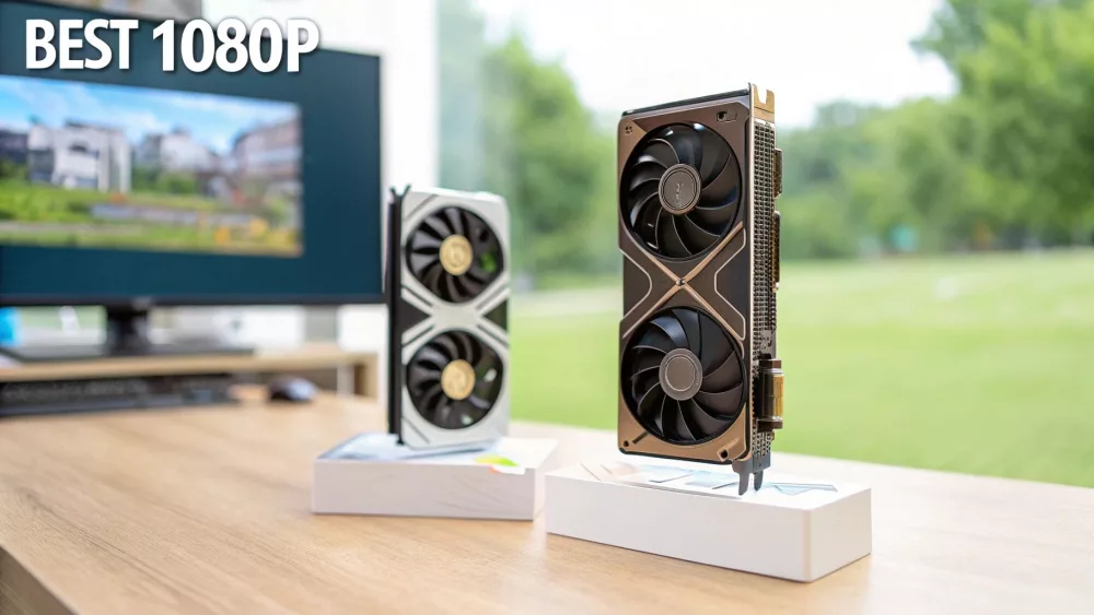 Two high-performance graphics cards with dual fan cooling displayed on white boxes for gaming comparison