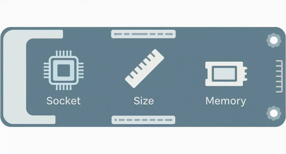 Motherboard components diagram showing CPU socket, form factor size, and memory slots illustration