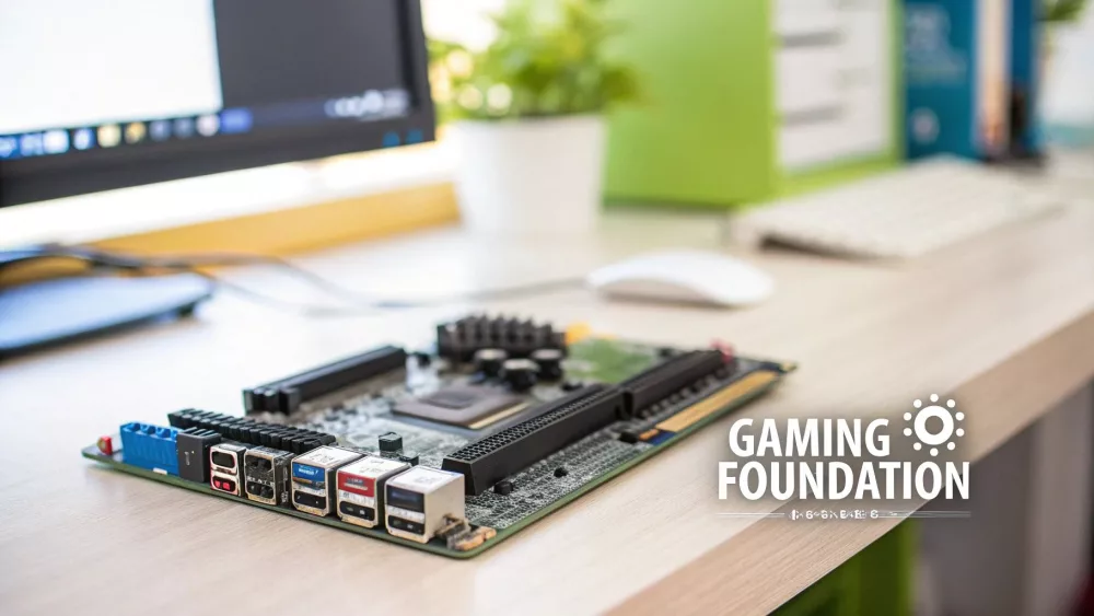 Computer motherboard on wooden desk with laptop and office supplies in background