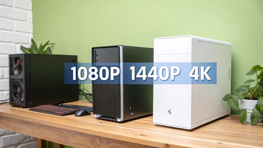 Three gaming PC towers displaying 1080P, 1440P, and 4K resolution capabilities on wooden desk