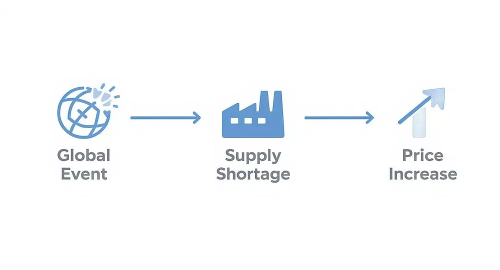Flowchart illustrating how a global event causes supply shortages, leading to price increases.