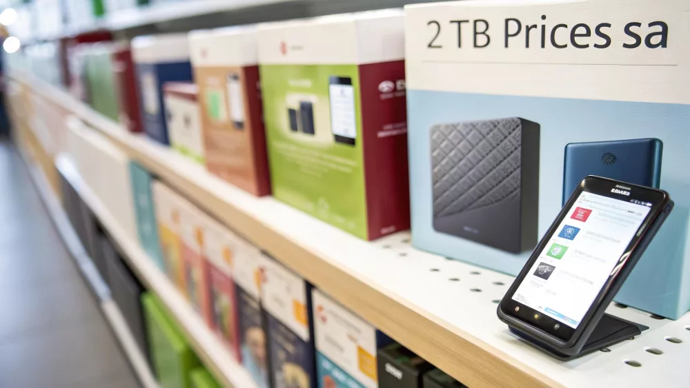 A retail shelf displaying packaged 2 TB external hard drives and a smartphone showing product information.