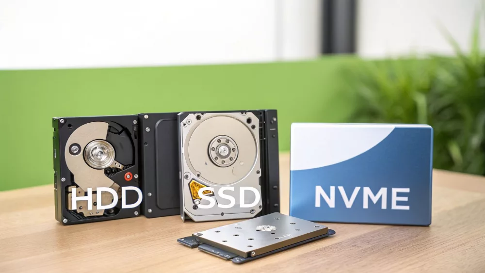 A display of various data storage devices including an open HDD, an open SSD, and an NVMe box.