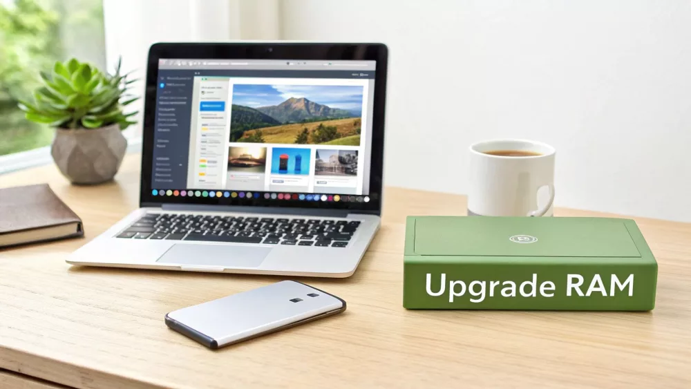 Laptop, smartphone, coffee, and a green box labeled 'Upgrade RAM' on a light wooden desk.