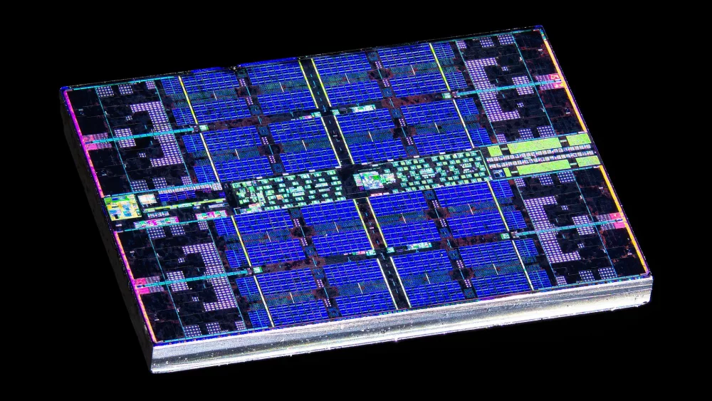 Processor die photographed under light