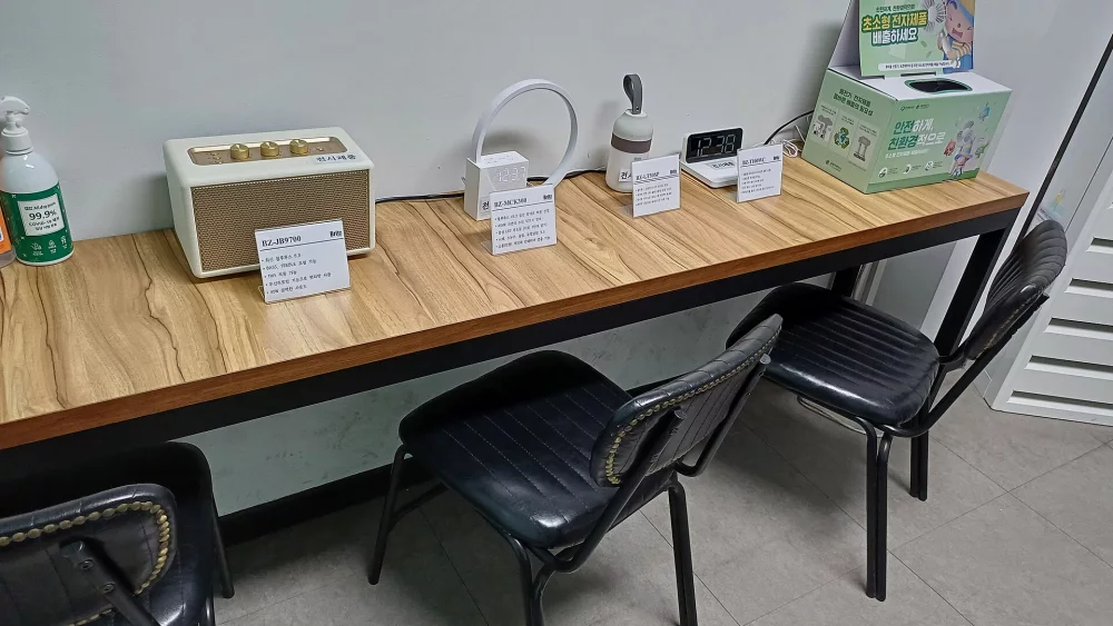 Speakers on a store display table