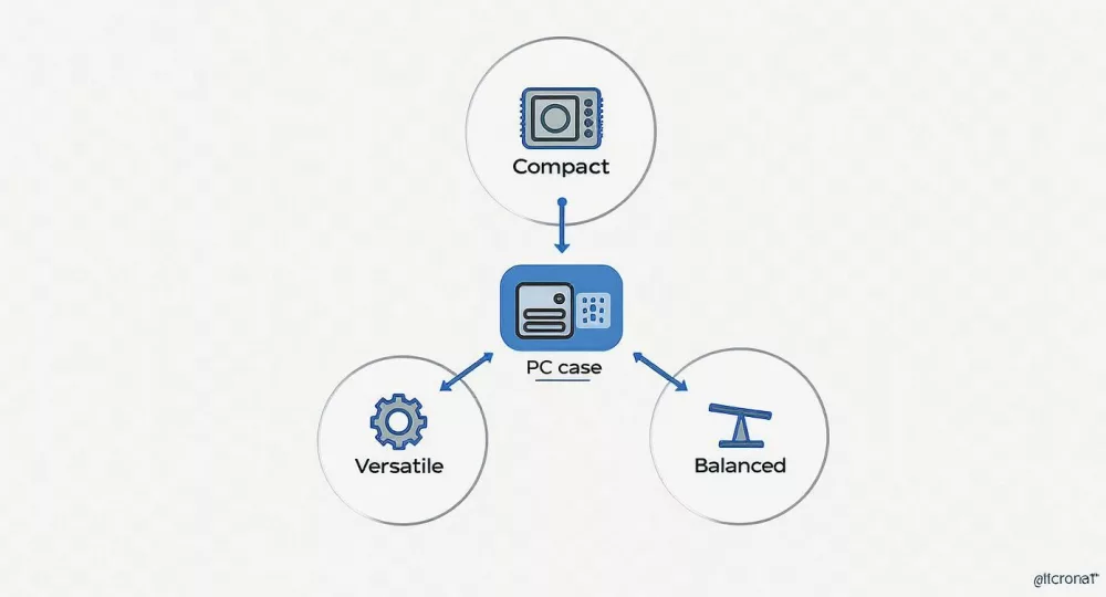 Diagram showing PC case features: compact design, versatile functionality, and balanced performance capabilities