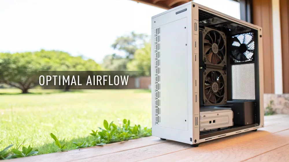 White micro ATX computer case with tempered glass panel showing internal cooling fans and optimal airflow design