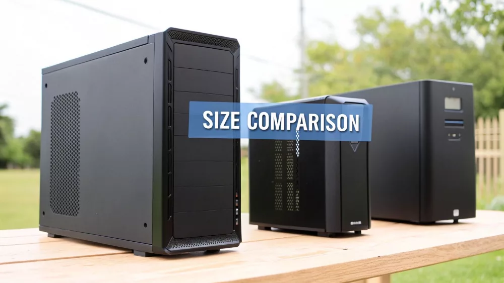 Three computer cases displayed outdoors showing size comparison between different PC case form factors